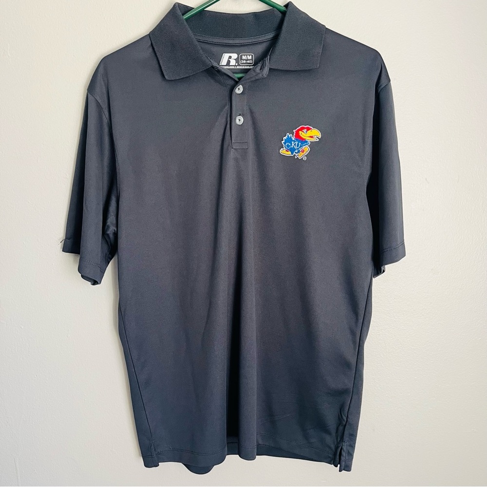 Russell Polo KU Shirt Men  M 38-40 Gray Embroidered Logo JayHawk casual Golf